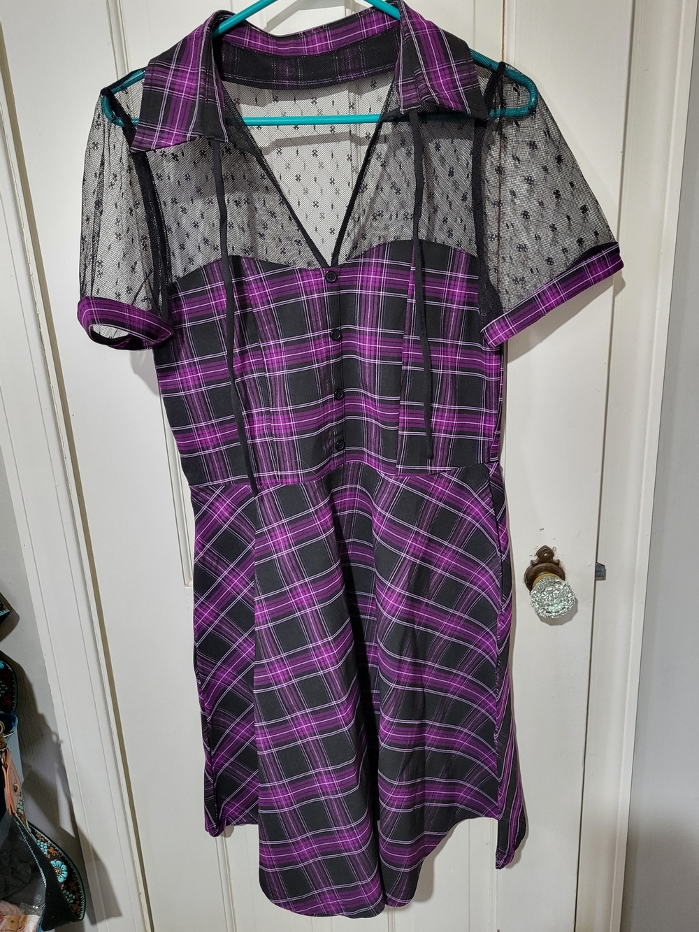 Unique Vintage Black and Purple Plaid Mesh Yoke Dress